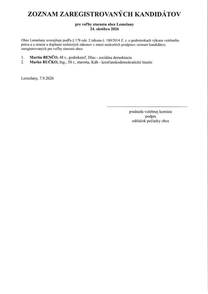 Zoznam zaregistrovaných kandidátov pre voľby starostu obce Lemešany